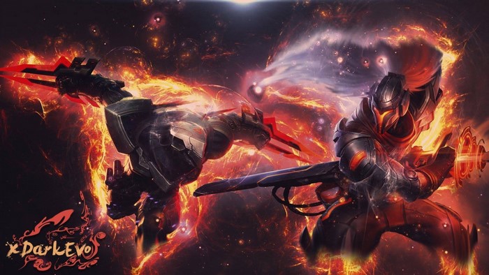Zed and Yasuo from League of Legends in fiery battle