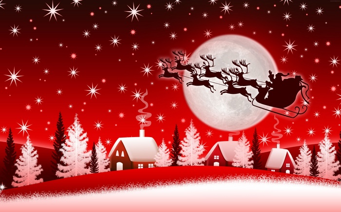 Santa Claus flying in his sleigh with reindeer over a snowy village at night