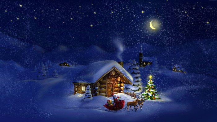 Santa Claus in a sleigh with reindeer in a snowy night