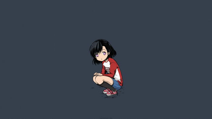 Anime girl with black hair and purple eyes crouching