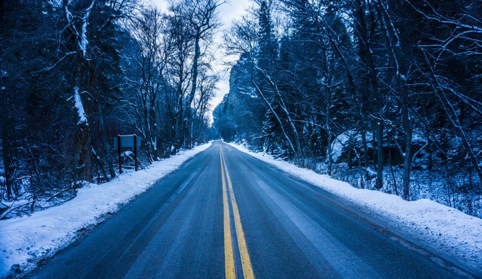 A snowy road through a winter forest