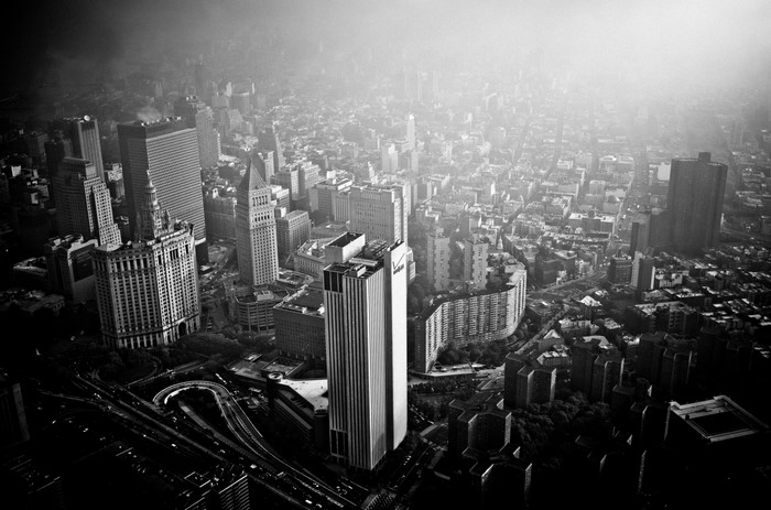 Monochrome cityscape of New York City skyscrapers