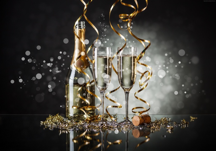 Christmas, 4K, champagne, New Year