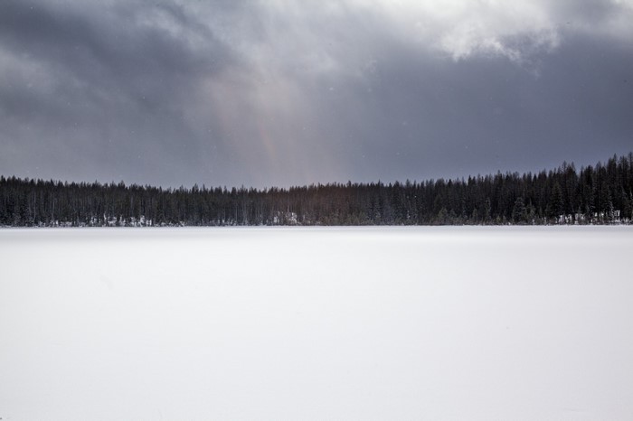 Snowy landscape with dark clouds and evergreen forest