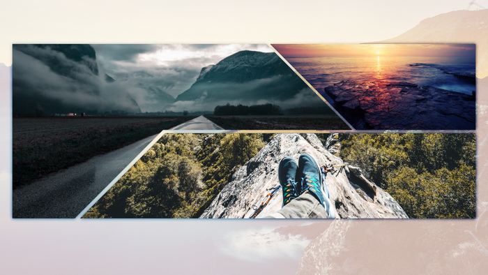 Collage of mountain road, sunset over water, and person on rock