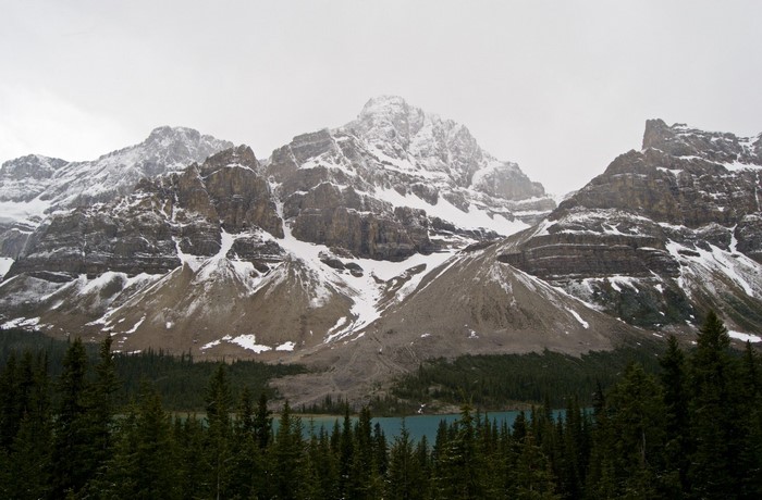 Snow-capped mountains overlooking a forest and lake