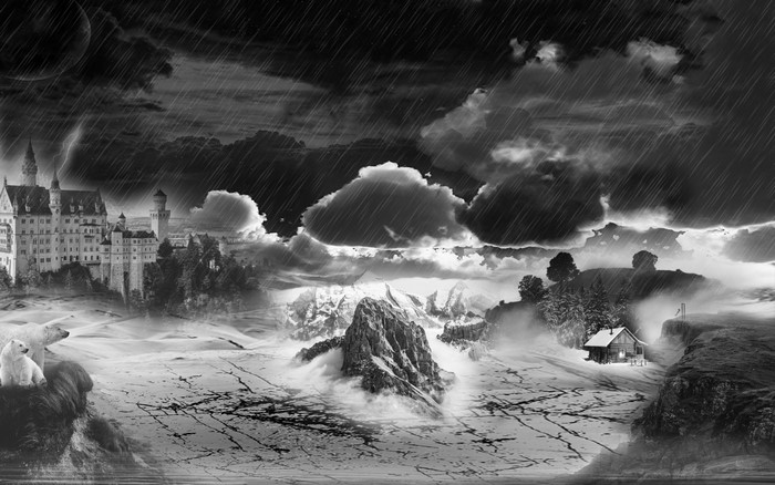 Monochrome stormy landscape with castle and cabin