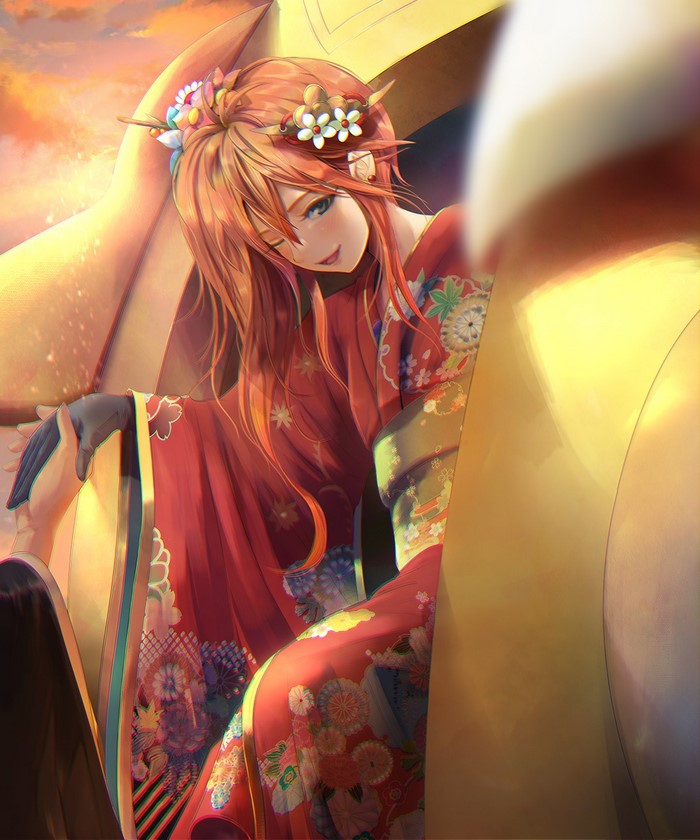 Anime girl with red hair in a kimono