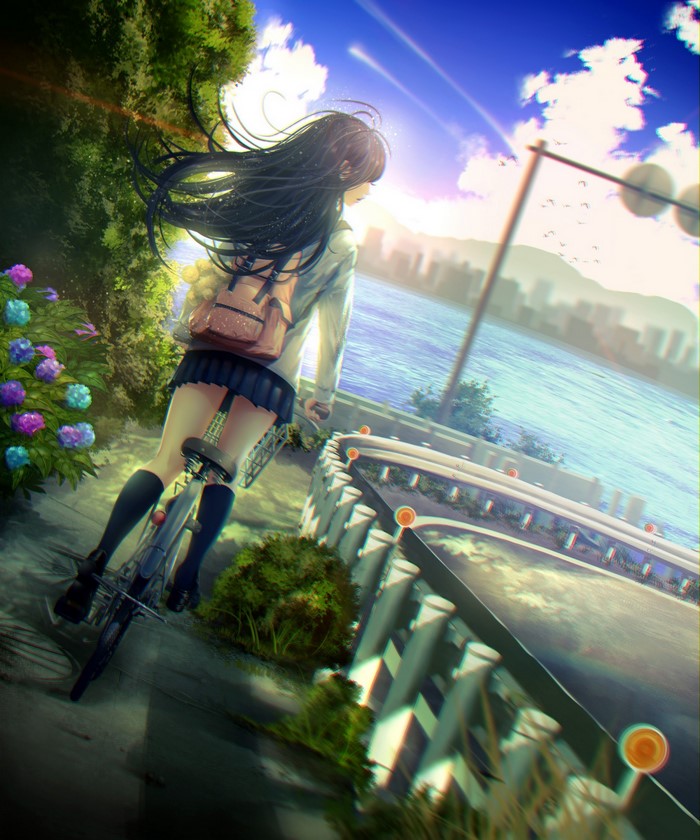 Anime girl riding a bicycle by the water