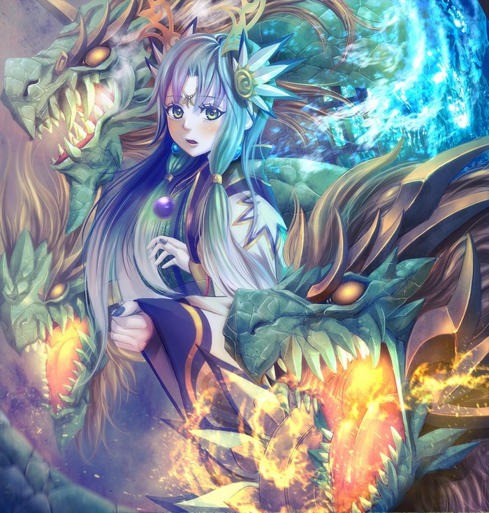 Anime girl with blue hair and dragons