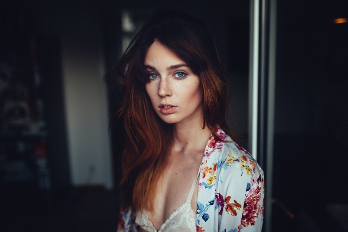 Redhead Woman in Floral Dress Portrait