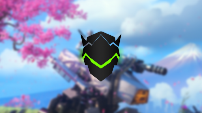 Genji's mask from Overwatch with Mount Fuji and cherry blossoms