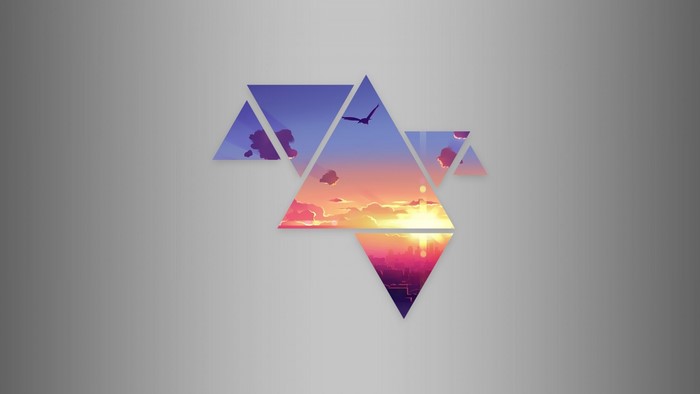 Abstract geometric landscape with sunset and city