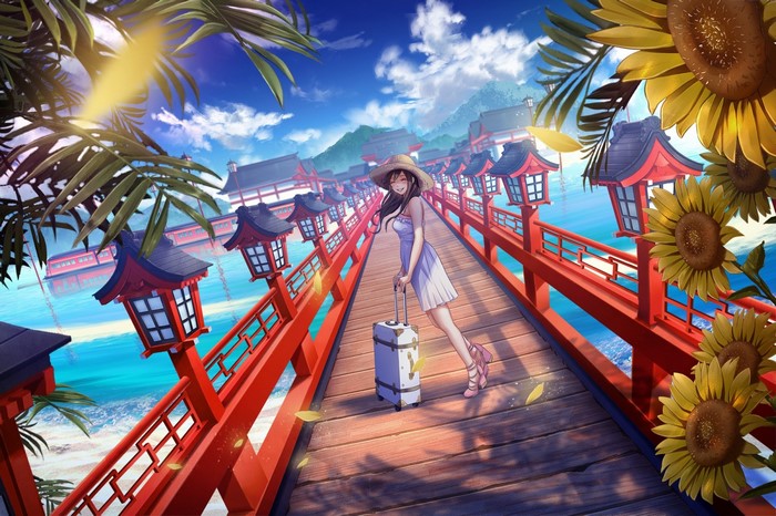 Anime girl with suitcase on a bridge with sunflowers
