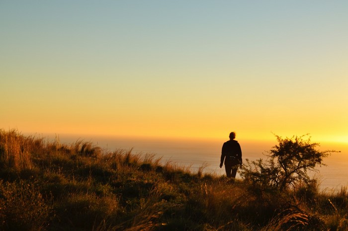 Person walking on a grassy hill at sunset overlooking the sea