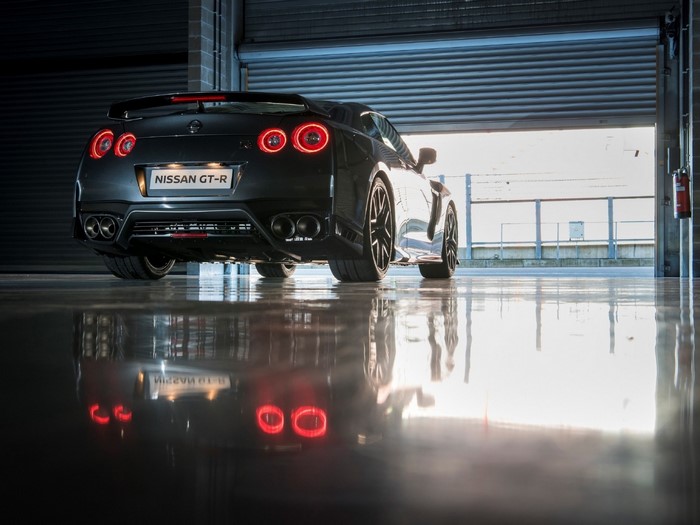 Nissan GT-R sports car in a garage