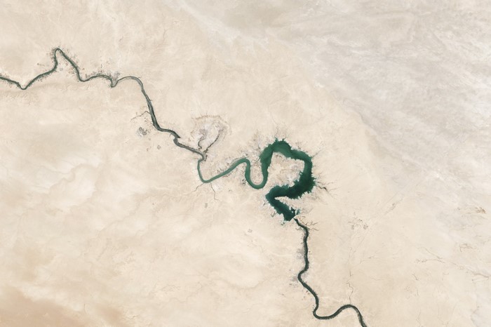 Satellite view of a river in a desert landscape