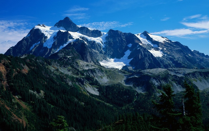 Snow-capped mountains under a blue sky