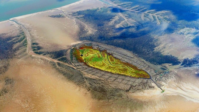 Aerial view of a green island surrounded by mudflats and sea