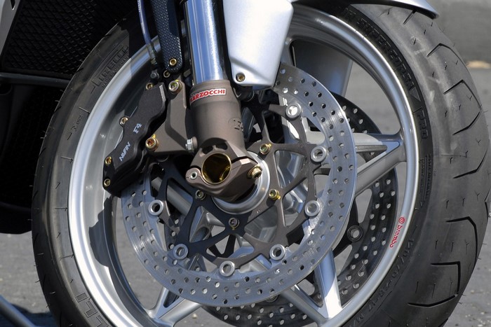 Motorcycle front wheel with Marzocchi forks and Brembo brakes
