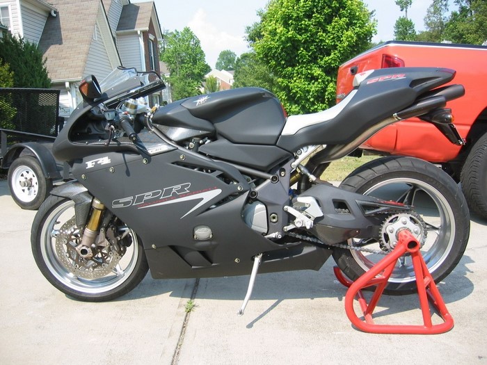 MV Agusta F4 SPR motorcycle on a red stand