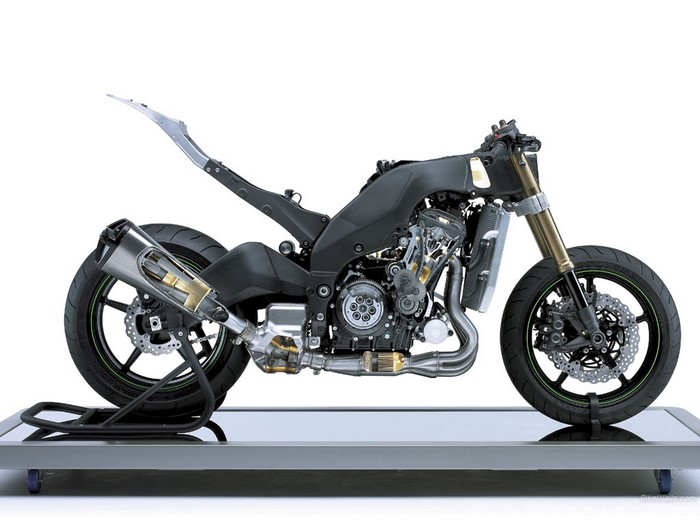 Kawasaki motorcycle engine and frame on display