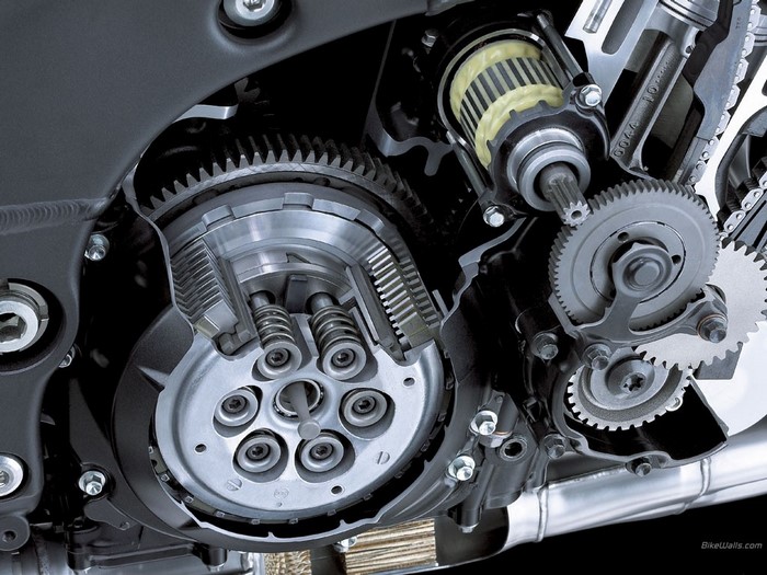 Kawasaki motorcycle engine cutaway with clutch and gears