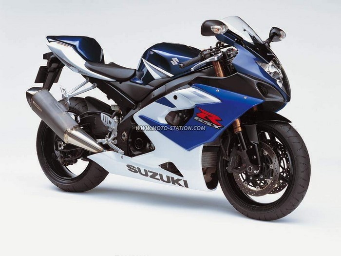 Blue and white Suzuki GSX motorcycle