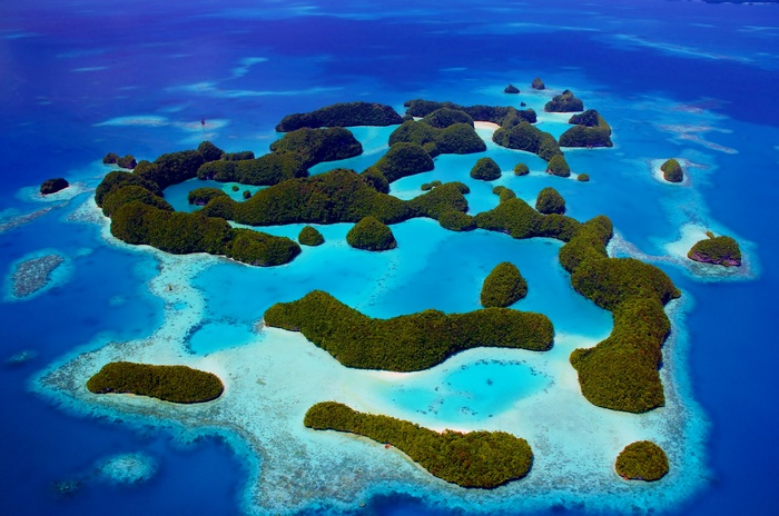 Aerial view of Palau islands in the ocean