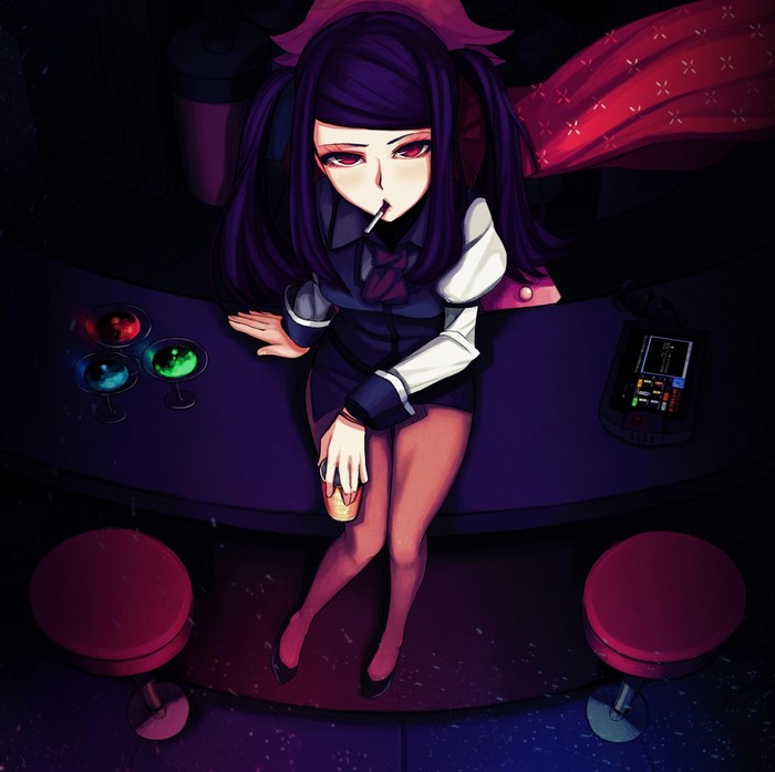 Anime girl with purple hair smoking at a bar