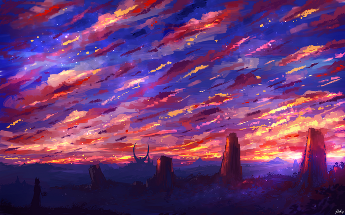 Digital art of a colorful sunset sky over a desolate landscape