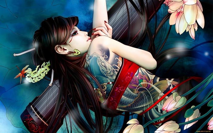 Fantasy girl with tattoos and musical instrument