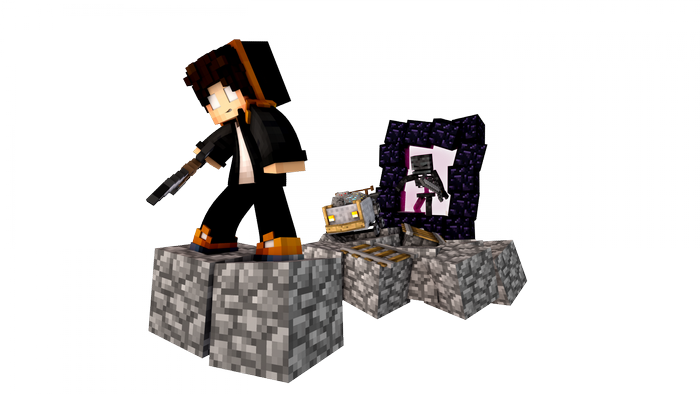 Minecraft character with Nether portal and minecart