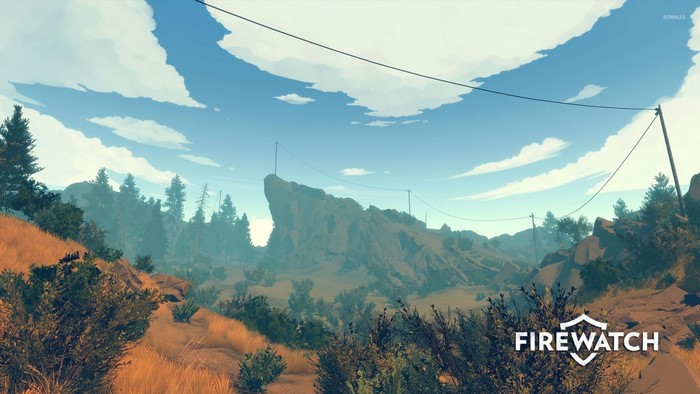 Firewatch video game landscape with mountains and clouds
