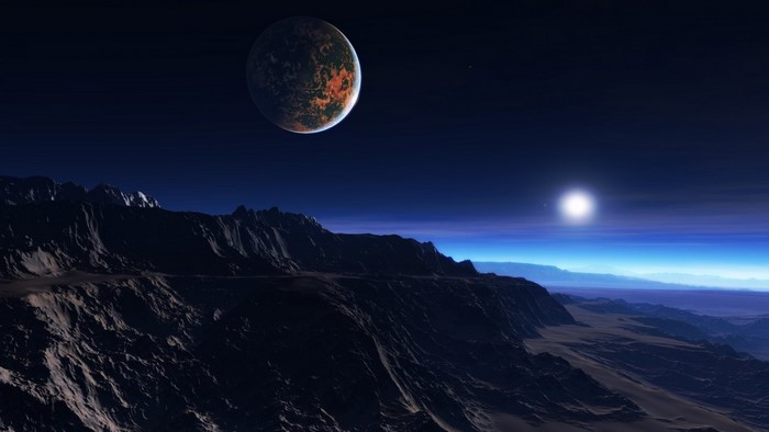 Alien planet landscape with a large moon and distant sun