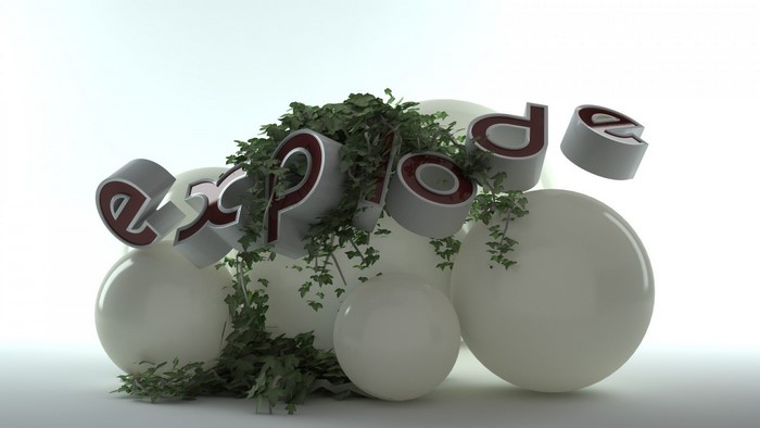 3D text 'explore' with vines and spheres
