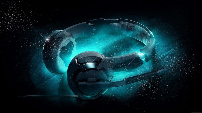Digital art illustration of headphones with neon blue light
