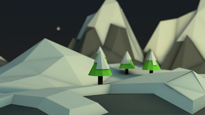 Low poly winter landscape with snow-capped mountains and trees