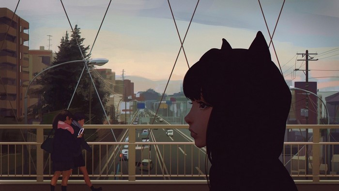 Artwork of a girl with cat ears overlooking a cityscape