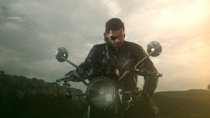 Venom Snake from Metal Gear Solid V The Phantom Pain on a motorcycle
