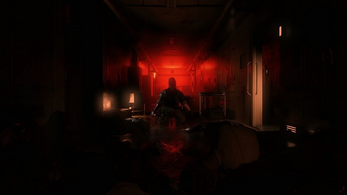 Venom Snake in a flooded hallway in Metal Gear Solid V