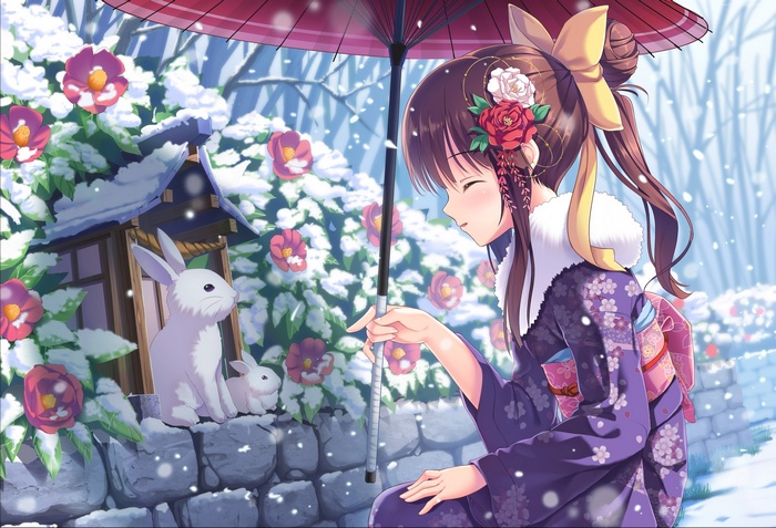 winter, beauty, anime, rabbits, 4K, snow, girl