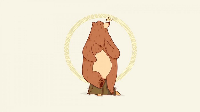 Bear meditating with a bird on its nose