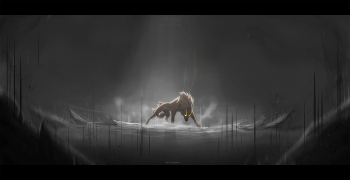 Fantasy wolf with glowing eyes in a snowy landscape