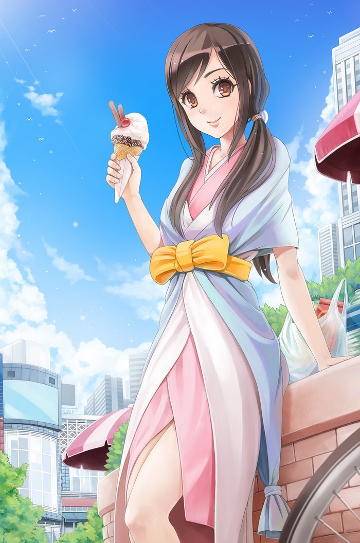Anime girl with ice cream in a city