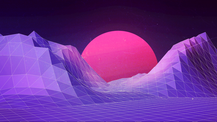 Retro digital landscape with mountains and sun