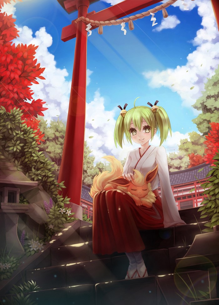 Anime girl with green hair and Flareon at a shrine