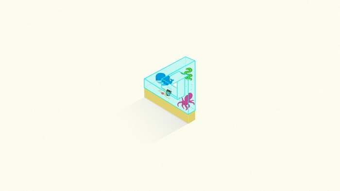 Penrose triangle aquarium with sea creatures and diver