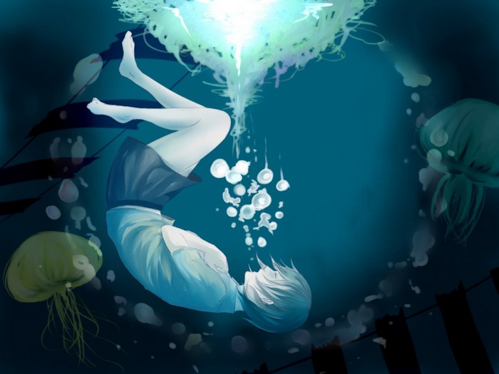 Girl underwater with jellyfish and light