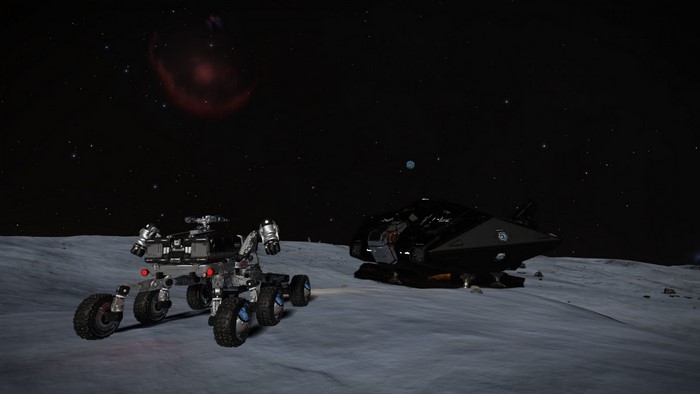 Planetary rover and ship on a moon in Elite Dangerous